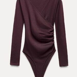 Zara Long Sleeve Deep‎ V-cut Body Suit in Dark Purple